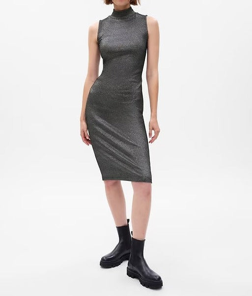 METALLIC MOCKNECK MIDI DRESS